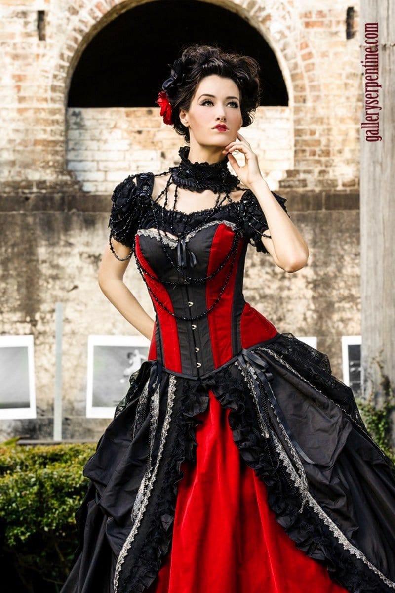 quality custom made gothic wedding dress  red velvet black silk corset –  Gallery Serpentine