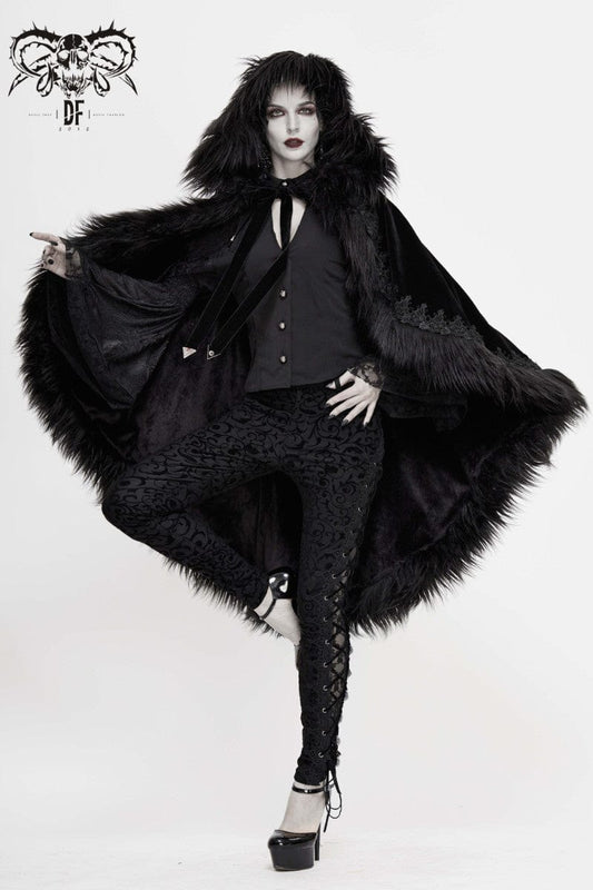 Impeccable gothic quality cloak of black velvet with long luscious faux fur edging, ornate lace braid trim and oversized hood at Gallery Serpentine