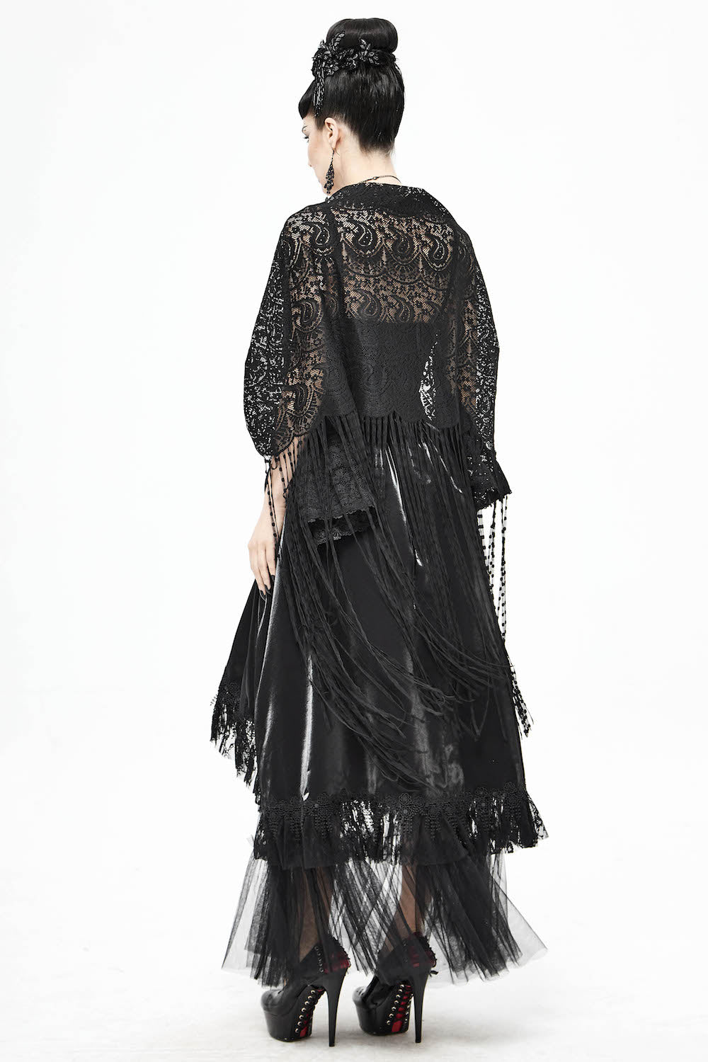 Devil Fashion Gothic black lace fortune teller shawl  side back