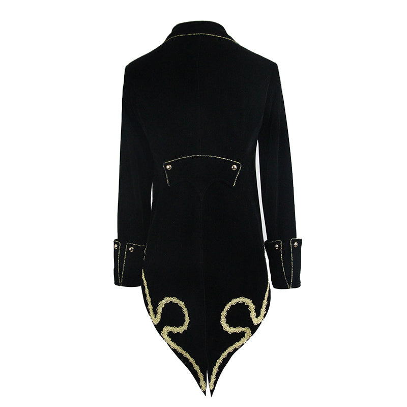 CT099 Bad Boy Baroque tailcoat jacket by Devil Fashion. Gold braid detail, black velvet, sharp tailoring, showing gold braid at back of tail