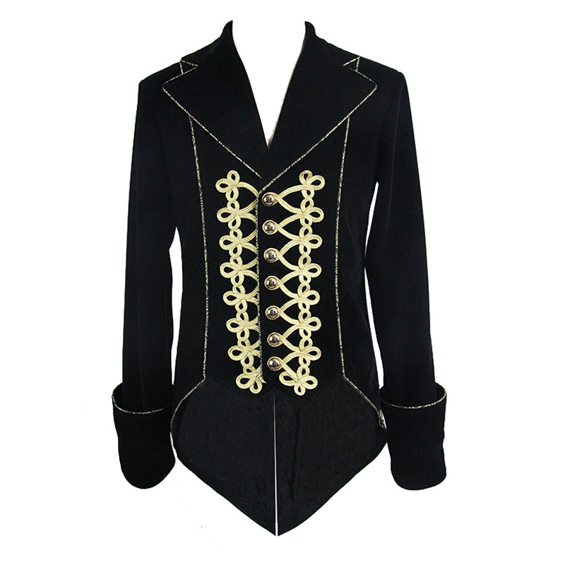 CT099 Bad Boy Baroque tailcoat jacket by Devil Fashion. Gold braid detail, black velvet, sharp tailoring, showing front view of the ornate gold braid