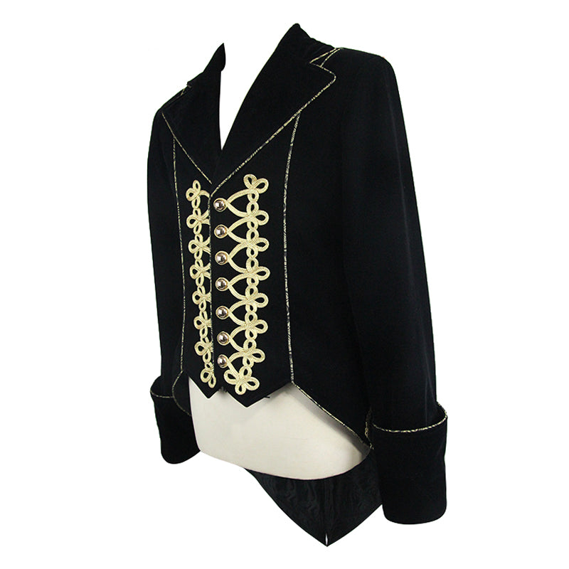 CT099 Bad Boy Baroque tailcoat jacket by Devil Fashion. Gold braid detail, black velvet, sharp tailoring, side front view