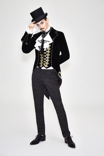 CT099 Bad Boy Baroque tailcoat jacket by Devil Fashion. Gold braid detail, black velvet, sharp tailoring, worn by a gothic groom