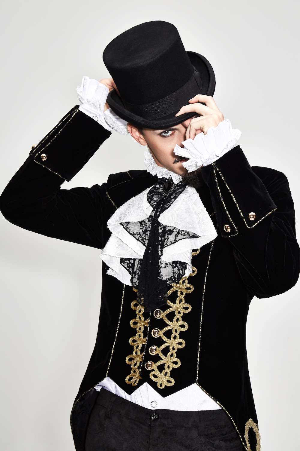 CT099 Bad Boy Baroque tailcoat jacket by Devil Fashion. Gold braid detail, black velvet, sharp tailoring