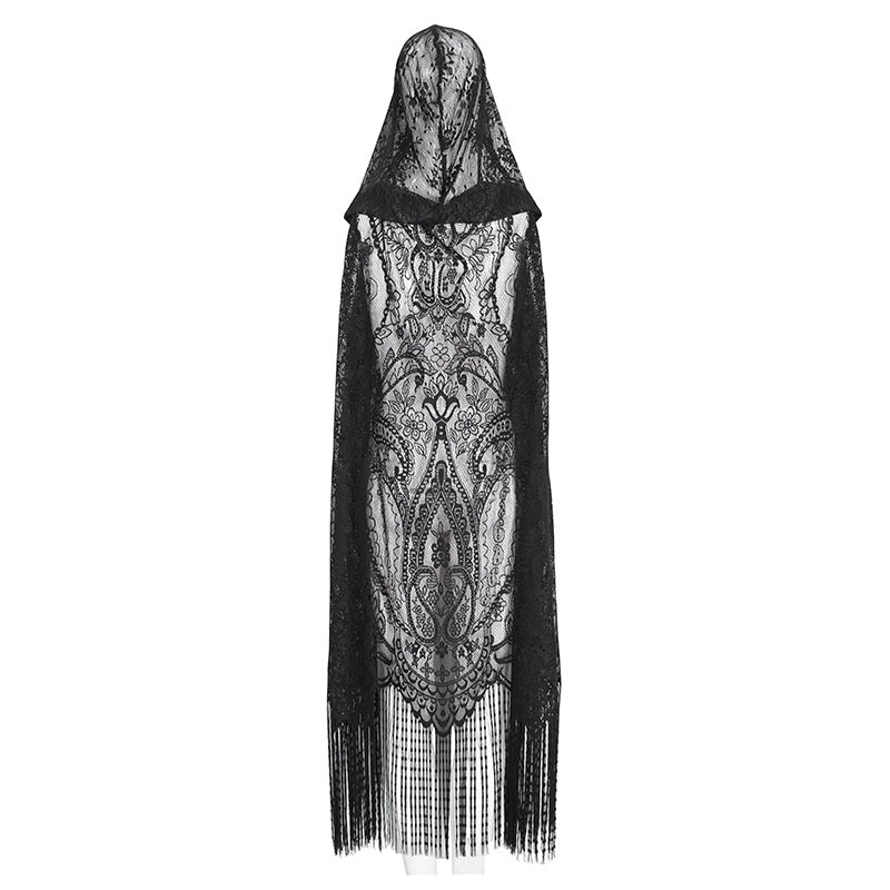 Lace of Shadows black lace gothic cloak sleeveless, back view