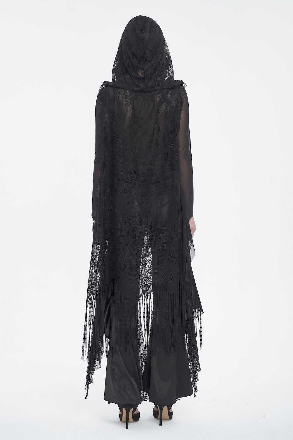 Lace of Shadows black lace gothic cloak sleeveless design, back view