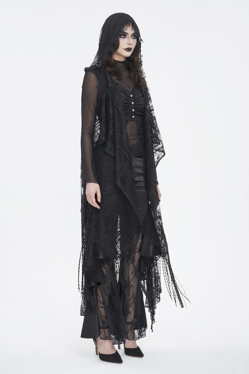 Lace of Shadows black lace gothic cloak sleeveless