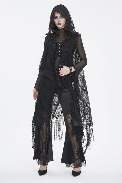 Lace of Shadows black lace gothic cloak sleeveless, bohemian lace fringed