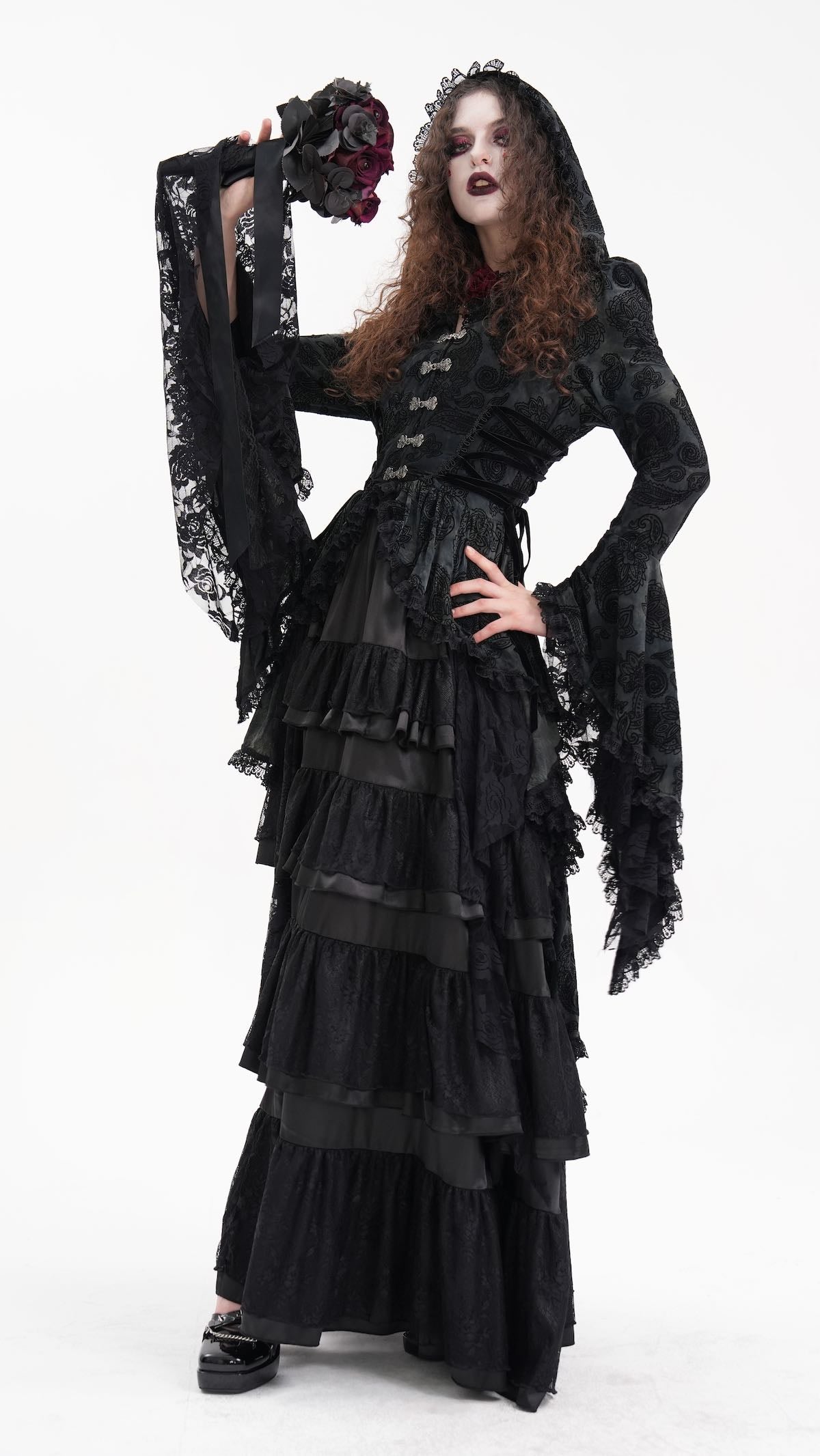 DF CT246 Moon Shadow Overdress, shadowy moon stretch knit fabric decorated with pewter clasps, black velvet flocking, high low style overdress worn by gothic model