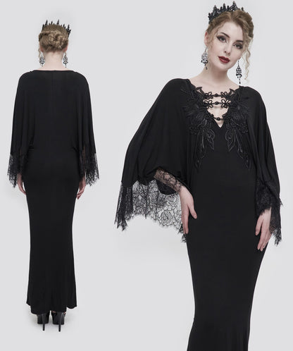 Obsidian Goddess black cotton modal gothic kaftan dress with flowing lace sleeves, plunging neckline, black jet beaded clasps 2