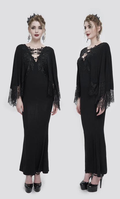 Obsidian Goddess black cotton modal gothic kaftan dress with flowing lace sleeves, plunging neckline, black jet beaded clasps 1