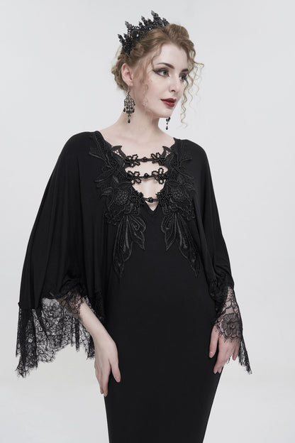 Obsidian Goddess black cotton modal gothic kaftan dress with flowing lace sleeves, plunging neckline, black jet beaded clasps 5