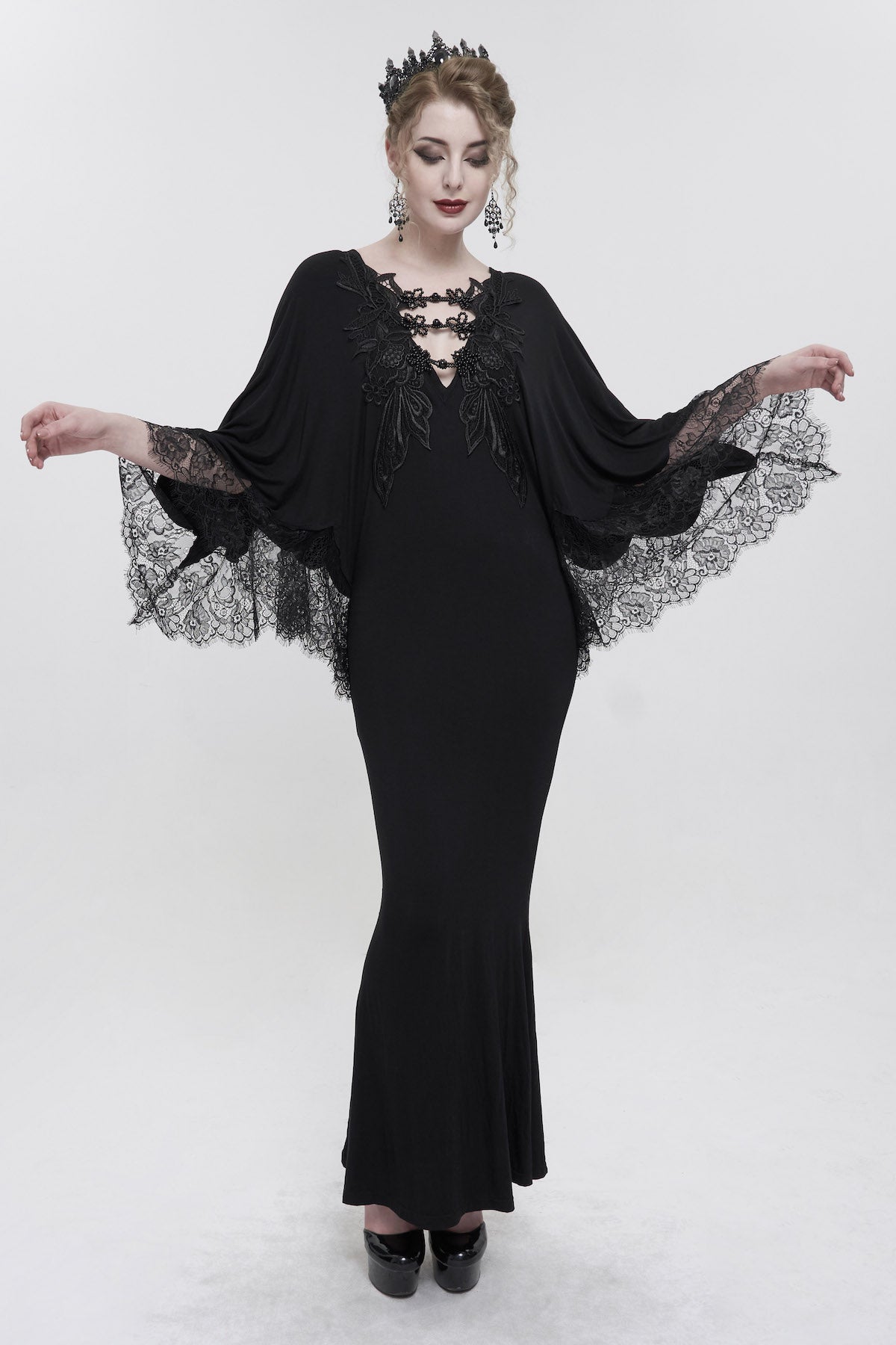 Obsidian Goddess black cotton modal gothic kaftan dress with flowing lace sleeves, plunging neckline, black jet beaded clasps 