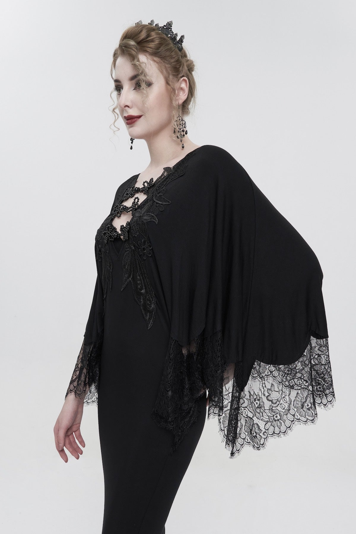 Obsidian Goddess black cotton modal gothic kaftan dress with flowing lace sleeves, plunging neckline, black jet beaded clasps 3