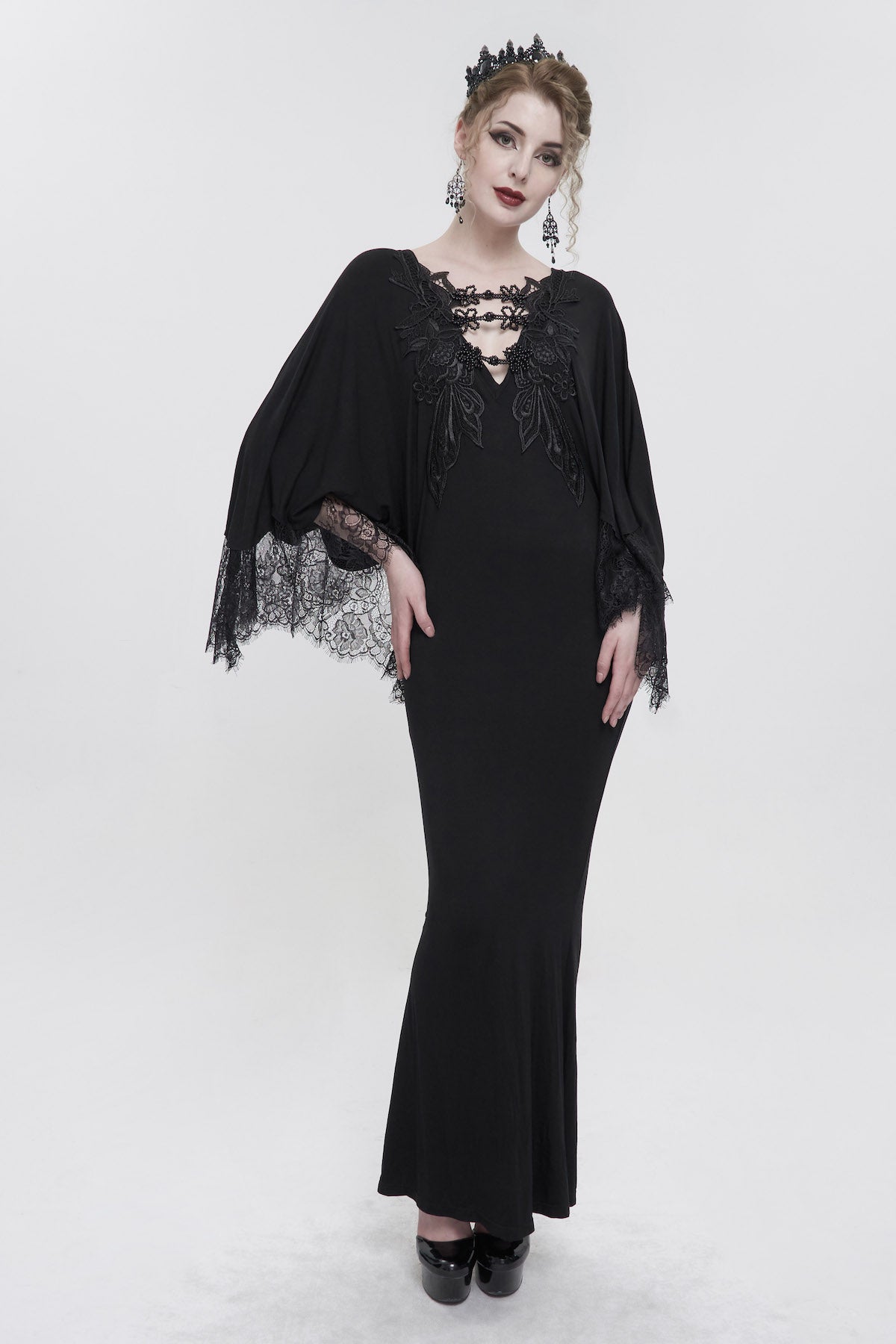 Obsidian Goddess black cotton modal gothic kaftan dress with flowing lace sleeves, plunging neckline, black jet beaded clasps 4