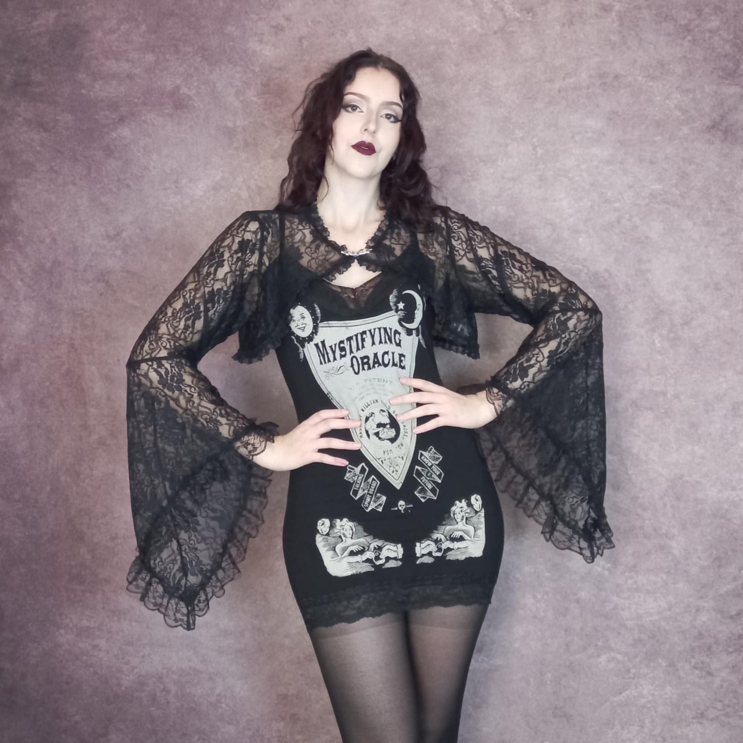 Mystifying Oracle camisole singlet dress with gothic black rose angel wing lace bolero