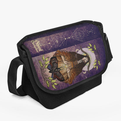 Power_Priestess_Messenger_Bag_purple_side front view showing the shamanic priestess art from Blood on the Clocktower board game grimoire