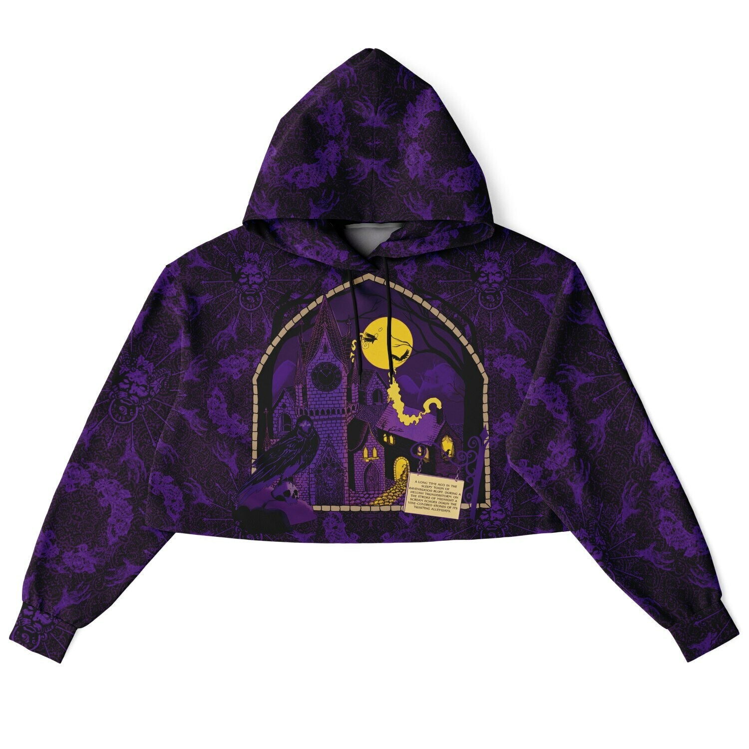 cropped short hoodie for Blood on the Clocktower fans featuring a portal view into the mythical setting of the boardgame, Ravenswood Bluff