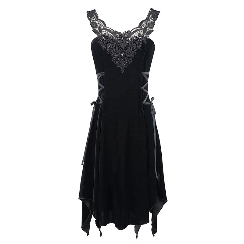 The Witching Hour Little Black Velvet Gothic Dress featuring beaded lace and crystals, irregular hemline, short length, gothic party dress