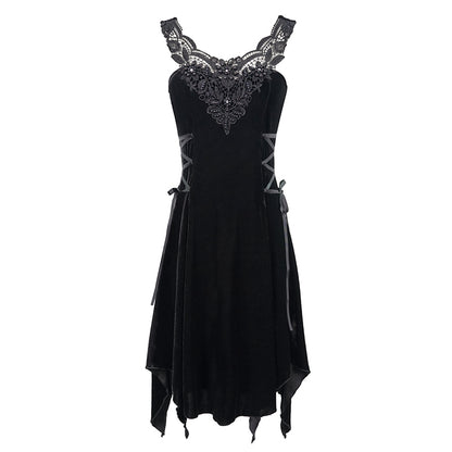 The Witching Hour Little Black Velvet Gothic Dress featuring beaded lace and crystals, irregular hemline, short length, gothic party dress