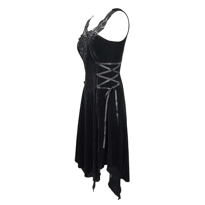 The Witching Hour Little Black Velvet Gothic Dress featuring beaded lace and crystals, irregular hemline, short length, gothic party dress 5