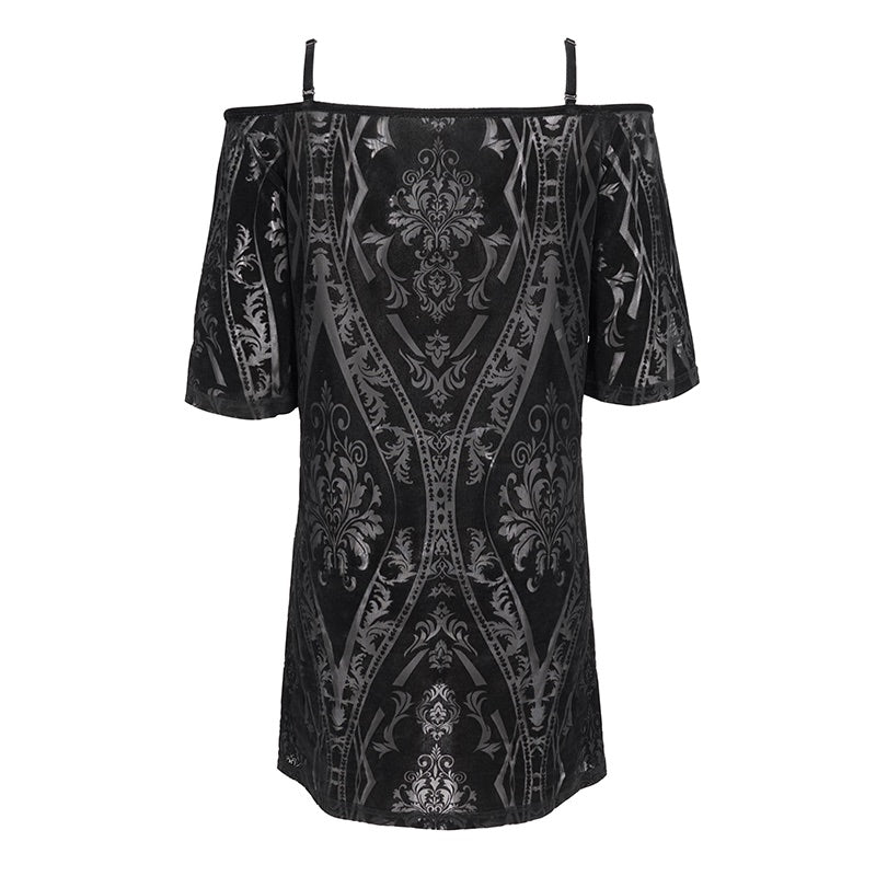 Burnt out velvet mesh print dress featuring a mini length, spaghetti straps, baroque floral and scrolls pattern and a relaxed loose fit 6