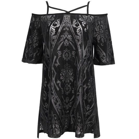 Burnt out velvet mesh print dress featuring a mini length, spaghetti straps, baroque floral and scrolls pattern and a relaxed loose fit