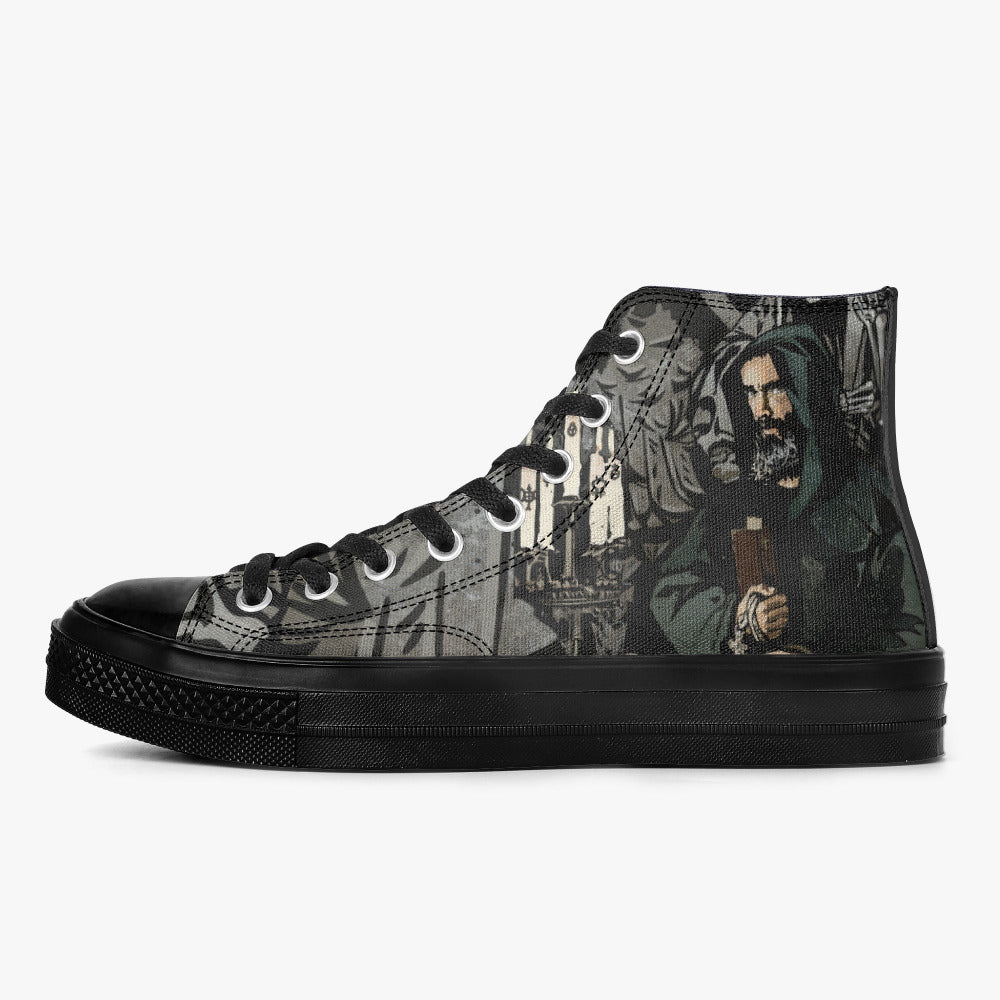 Ta-al high top sneaker showing the monk figure from the Blood on the Clocktower Grimoire game edition